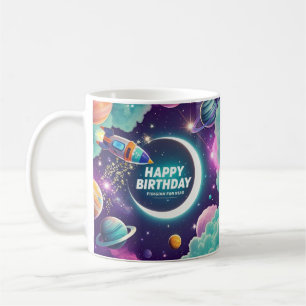 Galaxy-thema gelukkige verjaardag halve maan, ster koffiemok