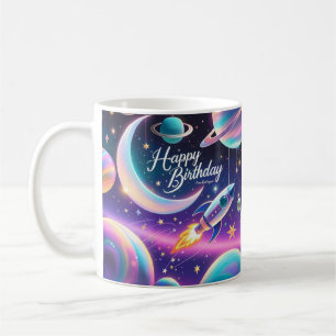 Galaxy-thema gelukkige verjaardag halve maan, ster koffiemok