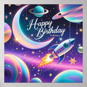Galaxy-thema gelukkige verjaardag halve maan, ster poster
