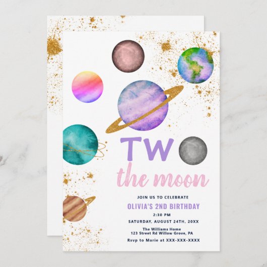 Galaxy Two the Moon  2de verjaardags  uitnodiging (Voorkant / Achterkant)