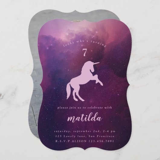 Galaxy unicorn foto party uitnodiging (Voorkant / Achterkant)