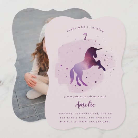 Galaxy unicorn foto party uitnodiging (Voorkant / Achterkant)
