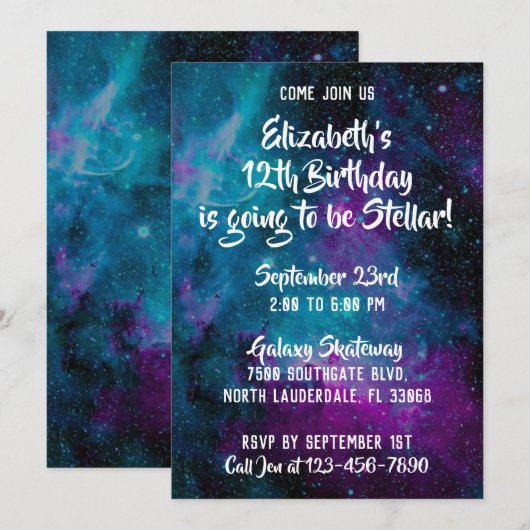 Galaxy Universe Birthday Invite Kaart (Voorkant / Achterkant)