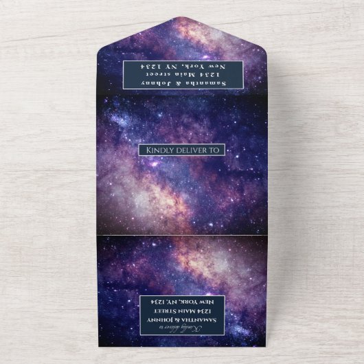 Galaxy Universe Stars Sky Wedding Space Navy Blue All In One Uitnodiging (Buitenkant)