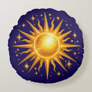 Galaxy Zon en Sterren Nep Goud Navyblauw   Rond Kussen