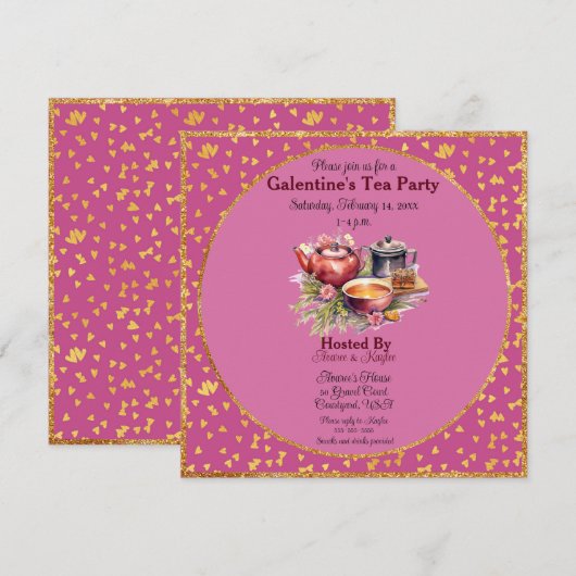 Galentijnsdag Tea Party Roze en gouden harten (Voorkant / Achterkant)
