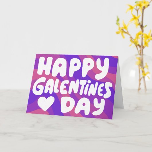Galentine Bubble Letters Paarse Groovy Retro Kaart (Gele Bloem)