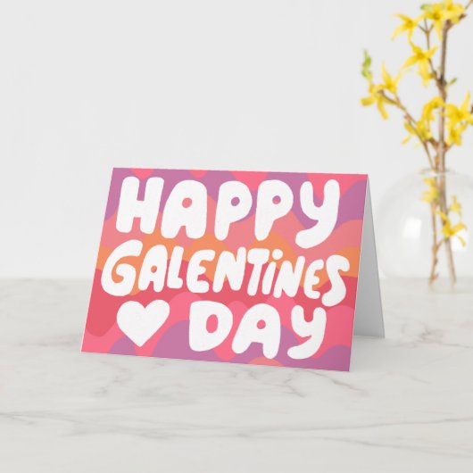 Galentine Bubble Letters Roze Curvy Retro Stripes Kaart (Gele Bloem)