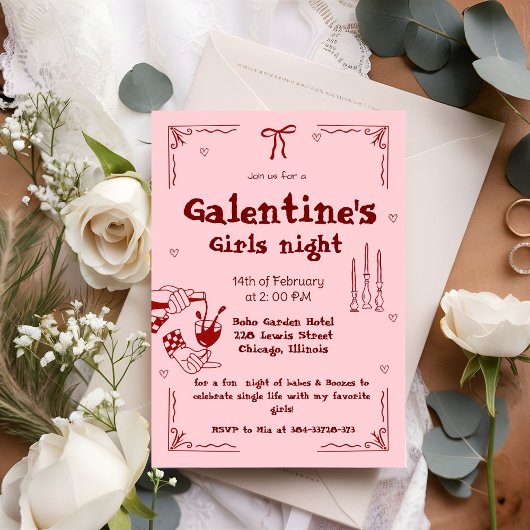 Galentine Hand Getekende Valentijn Meiden Avond Fe Feestdagenkaart
