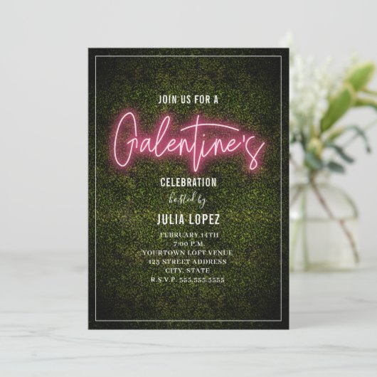 Galentine Neon Script Boxwood Valentijn Party Kaart (Staand voorkant)