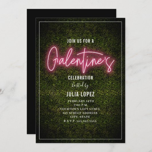 Galentine Neon Script Boxwood Valentijn Party Kaart (Voorkant / Achterkant)