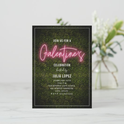 Galentine Neon Script Boxwood Valentijnsfeest Save The Date (Staand voorkant)