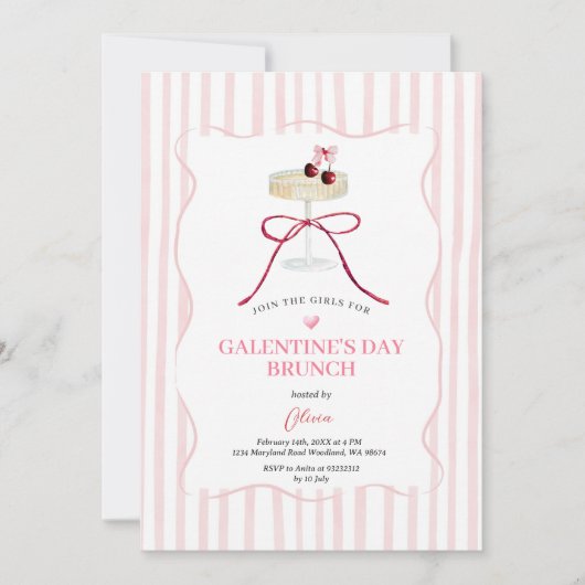 Galentine’s Day Brunch Invitation | Pink Stripe Kaart (Voorkant)