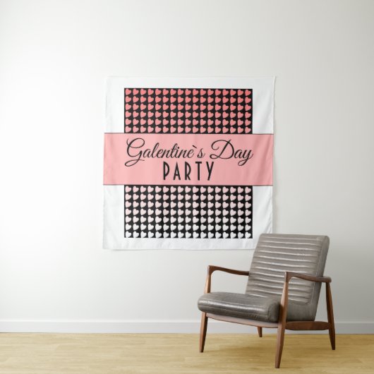 Galentine`s Day Party Roze Zwart Hart Patroon Wandkleed (In situ)