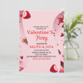 Galentine’s Party Invitation, Pink Heart & Bow Bir Kaart (Staand voorkant)
