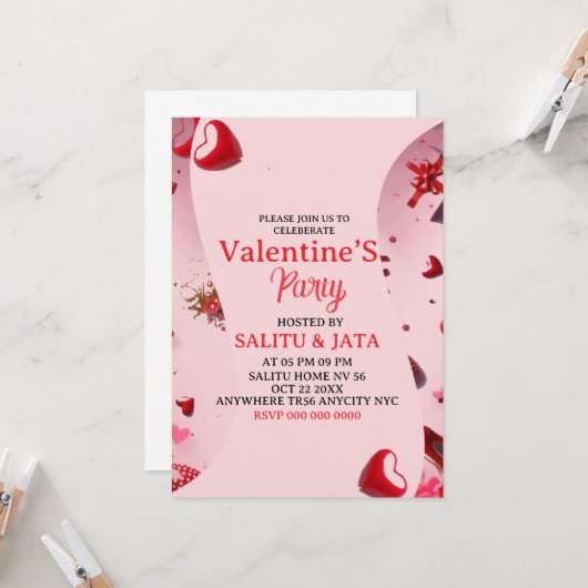 Galentine’s Party Invitation, Pink Heart & Bow Bir Kaart (Voorkant / Achterkant in situ)
