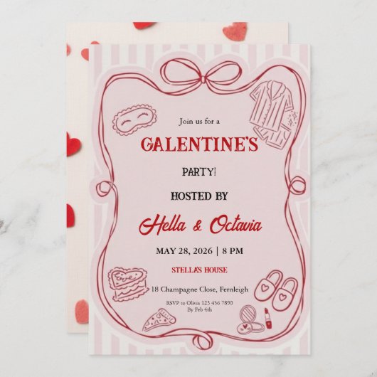 Galentine’s Party Invitation Printable, Pink & Red Kaart (Voorkant / Achterkant)