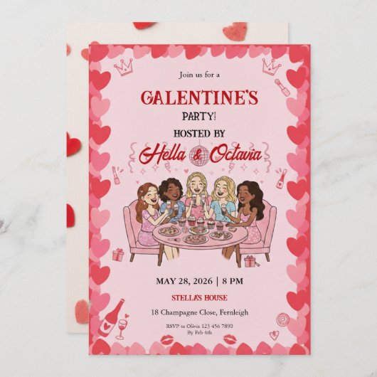 Galentine’s Party Invitation Printable, Pink & Red Kaart (Voorkant / Achterkant)