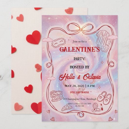 Galentine’s Party Invitation Printable, Pink & Red Kaart (Voorkant / Achterkant)