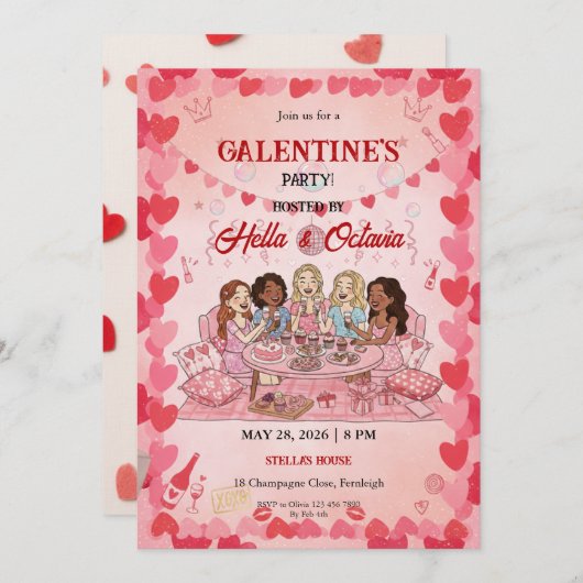 Galentine’s Party Invitation Printable, Pink & Red Kaart (Voorkant / Achterkant)