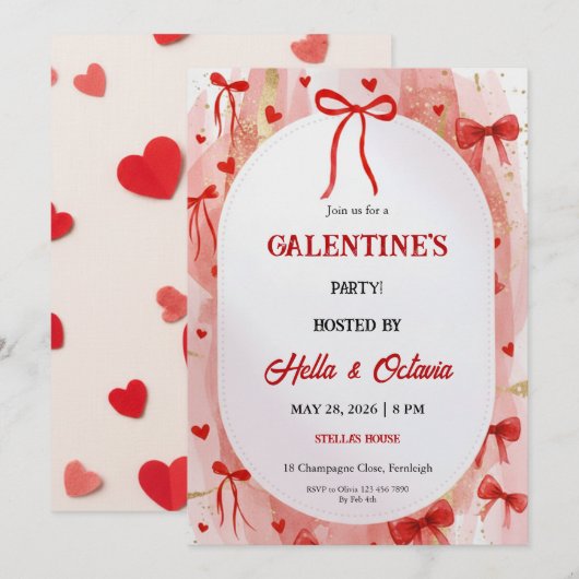 Galentine’s Party Invitation Printable, Pink & Red Kaart (Voorkant / Achterkant)