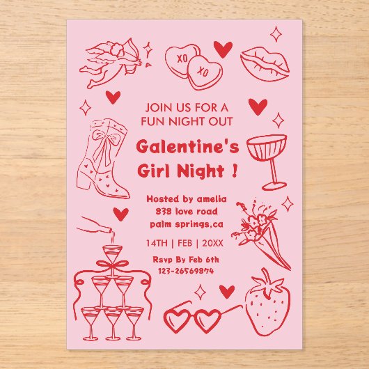 Galentine’s Party, Night Valentine Hand Drawn Acryl Uitnodigingen (Voorkant)