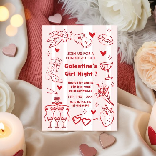 Galentine’s Party, Night Valentine Hand Drawn  Kaart