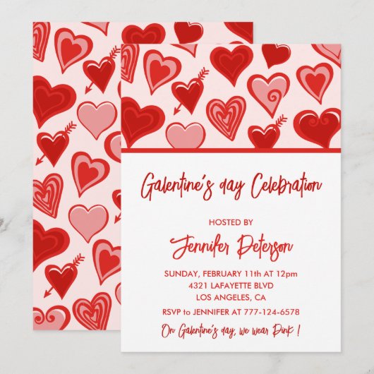 Galentine uitnodiging Brunch roze en rode vrienden (Voorkant / Achterkant)