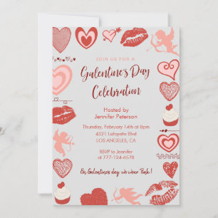 Galentine uitnodiging roze en rode brunch harten