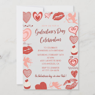 Galentine uitnodiging roze en rode brunch harten