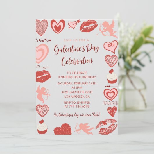 Galentine uitnodiging roze en rode brunch harten (Staand voorkant)