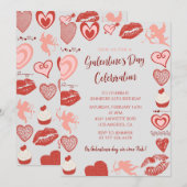 Galentine uitnodiging roze en rode brunch harten (Voorkant / Achterkant)