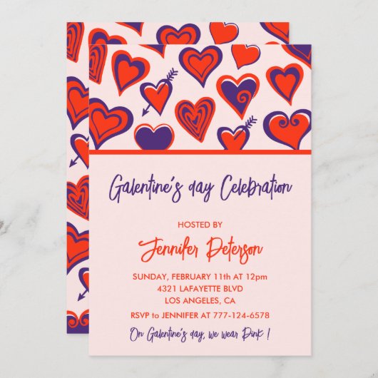 Galentine uitnodiging roze en rode Valentijn Moder (Voorkant / Achterkant)