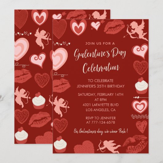 Galentine uitnodiging roze en rode vriendinnen (Voorkant / Achterkant)