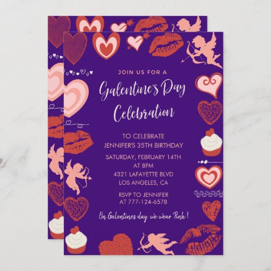 Galentine uitnodiging roze en rode Vriendinnen (Voorkant / Achterkant)