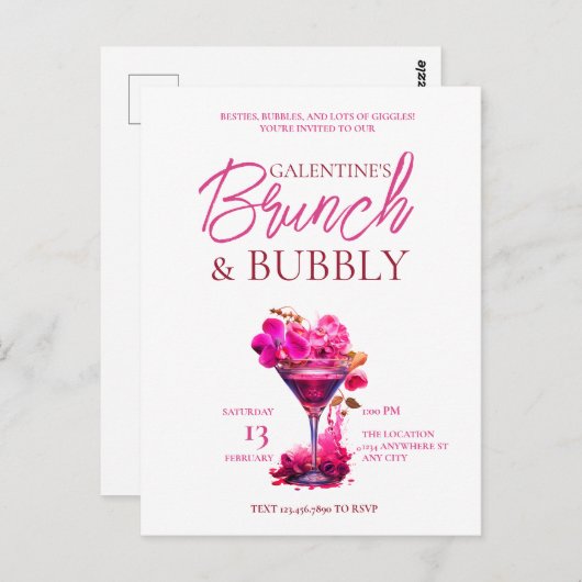 Galentine's Brunch en Bubble Invitation Briefkaart (Voorkant / Achterkant)