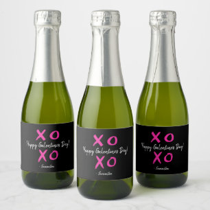 "Galentine's Cheers" Custom Roze & Zwart XOXO Mini Sparkling Wijnetiket
