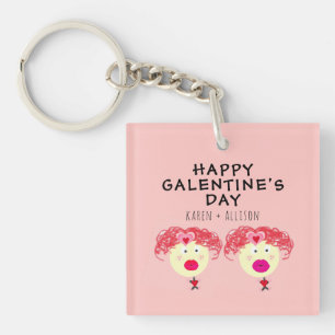 Galentines Day BFF roze rode harten gepersonalisee Sleutelhanger