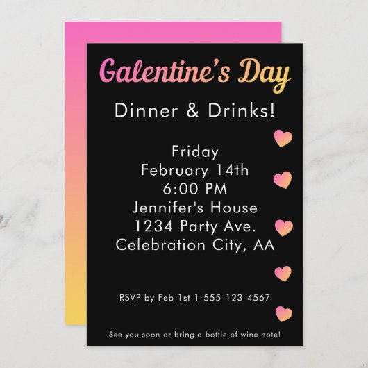 Galentines Day Dinner Drinks Pink Black Party Kaart (Voorkant / Achterkant)