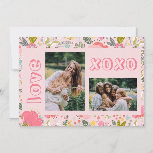 Galentine's Day florale roze 2 foto collage xoxo Feestdagenkaart (Voorkant)