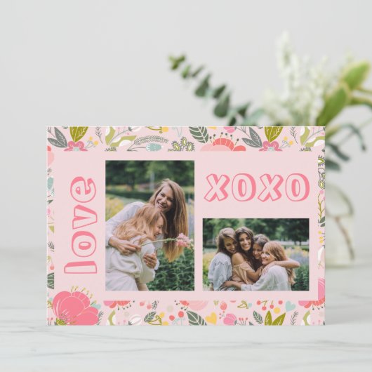 Galentine's Day florale roze 2 foto collage xoxo Feestdagenkaart (Staand voorkant)