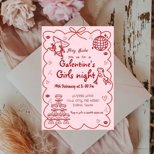 Galentine's Day Hand Drawn Pink Girls Valentijn Kaart