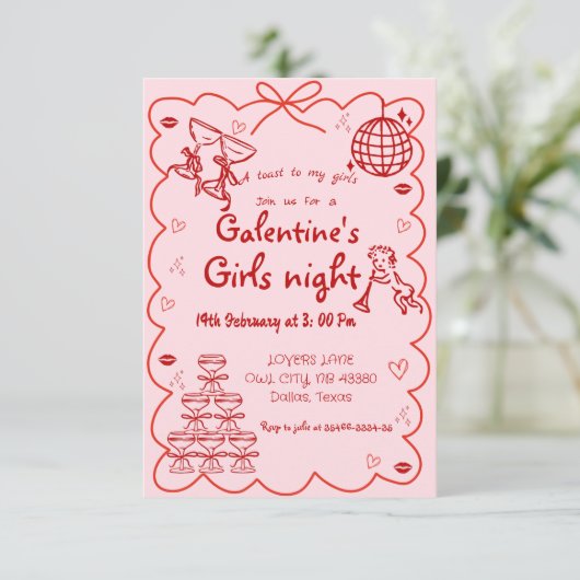 Galentine's Day Hand Drawn Pink Girls Valentijn Kaart (Staand voorkant)
