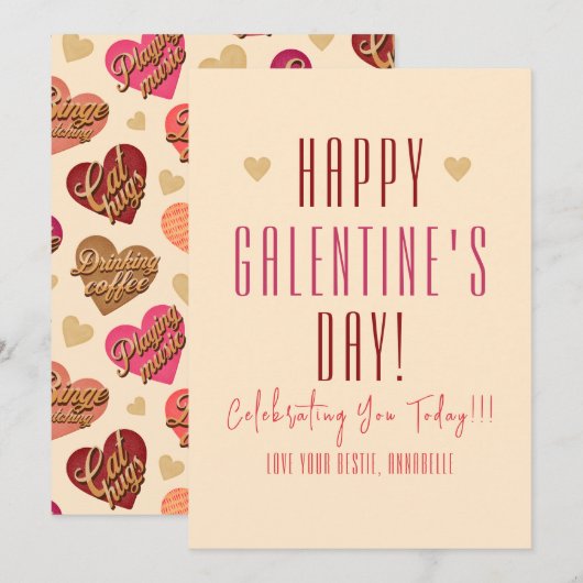 Galentine's Day, Hartjes en Woorden, Valentijn Feestdagenkaart (Voorkant / Achterkant)