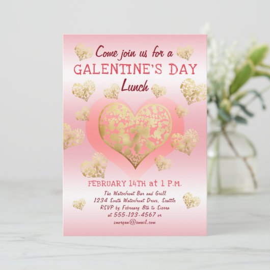 Galentine's Day Lunch Pink Gold Hearts Kaart (Staand voorkant)