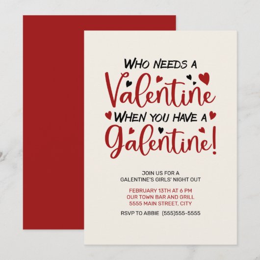 Galentine's Day Meidenavond Uitnodiging Rode Harte (Voorkant / Achterkant)