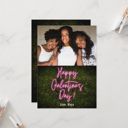 Galentine's Day Neon Roze Valentijnsdag Foto Kaart (Voorkant / Achterkant in situ)
