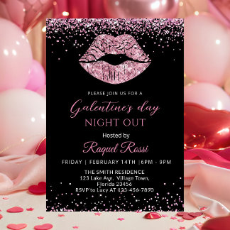 Galentine's Day Night Out Pink Glitter Lips Kaart