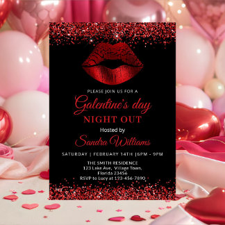 Galentine's Day Night Out Red Glitter Lips Kaart
