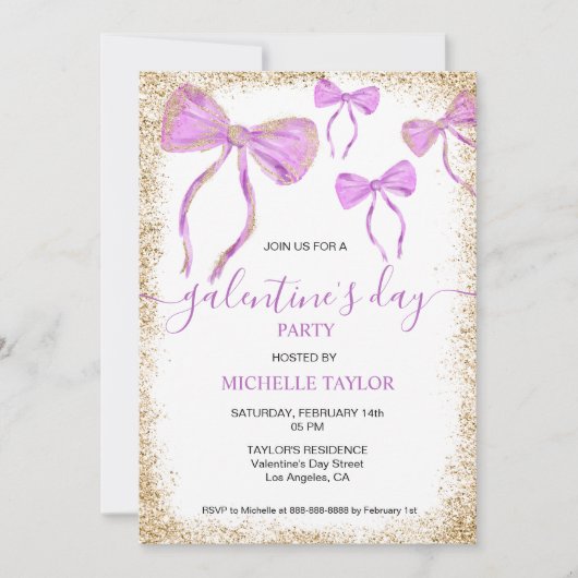 Galentine's Day Party Glitter Goud Paarse Bogen Kaart (Voorkant)
